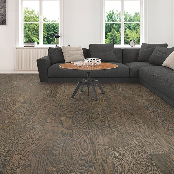 Dark hardwood flooring in a minimalist living room