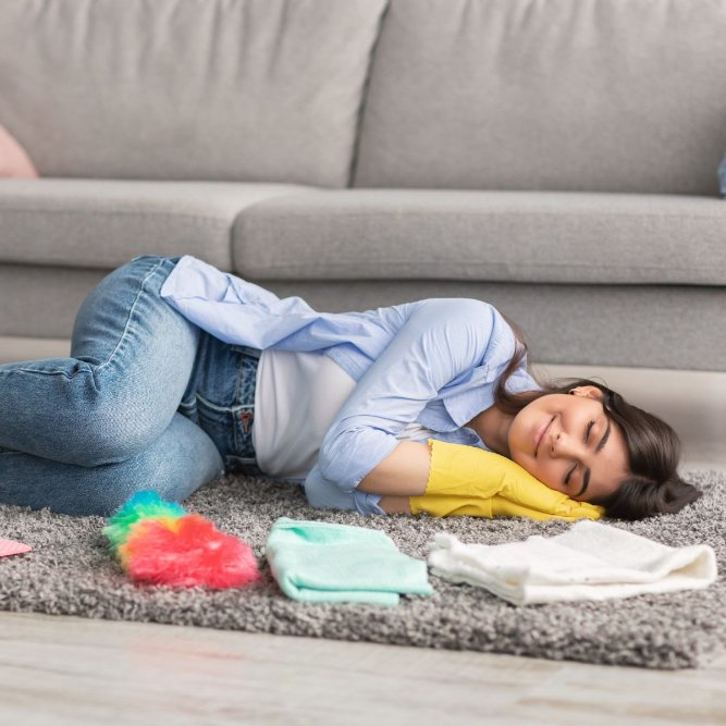 Cleaner resting on an area rug