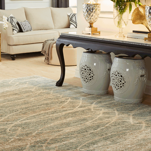 Patterned carpet flooring in a traditional living room